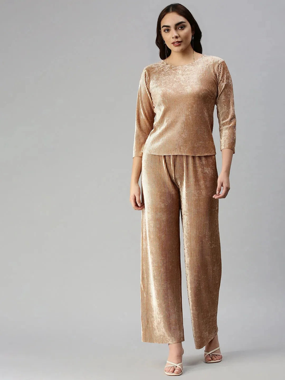 Beige Solid Cord Set for Women | Two Piece Sets