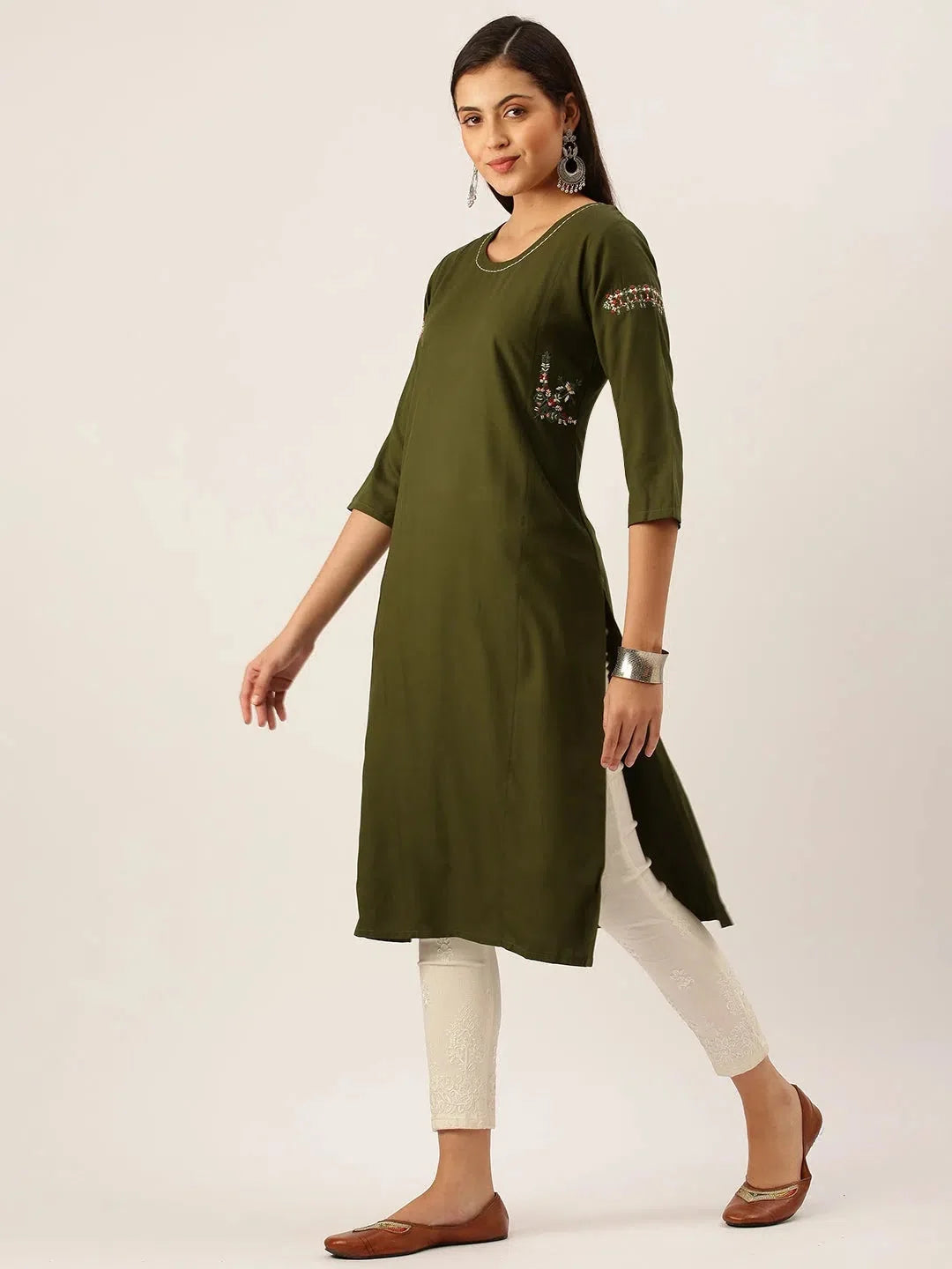 Olive Embroidered Kurta for Women | Cotton Indian Kurtis Online