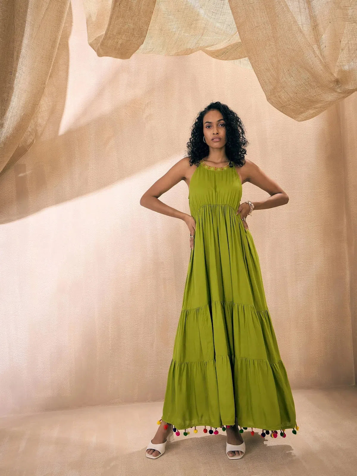 Green Embroidered Pom-Pom Maxi Dress | Indian Dresses