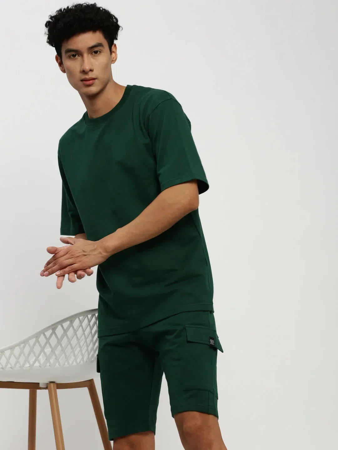 Green Solid Mens Two Piece Sets - Cotton Co ord Sets for Men