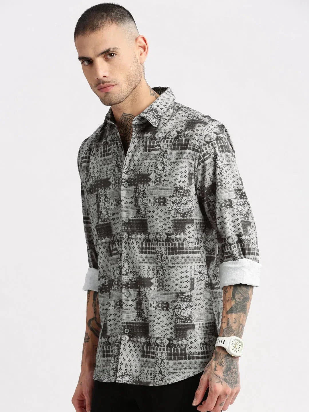 Grey Abstract Casual Shirt for Men - Kurta Pajama Alternative