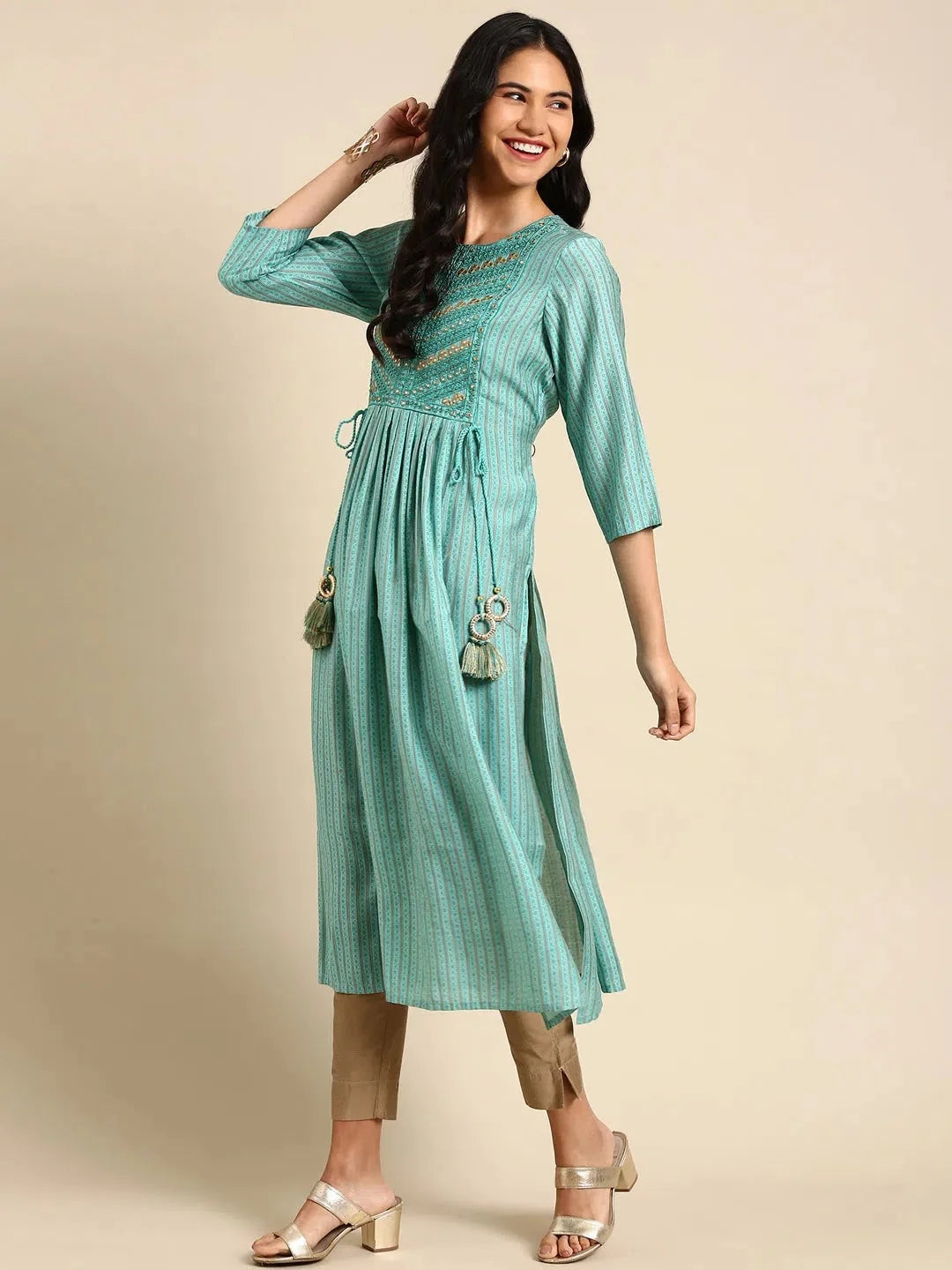 Green Printed Polyester Anarkali Kurta | Women's Anarkali Kurti