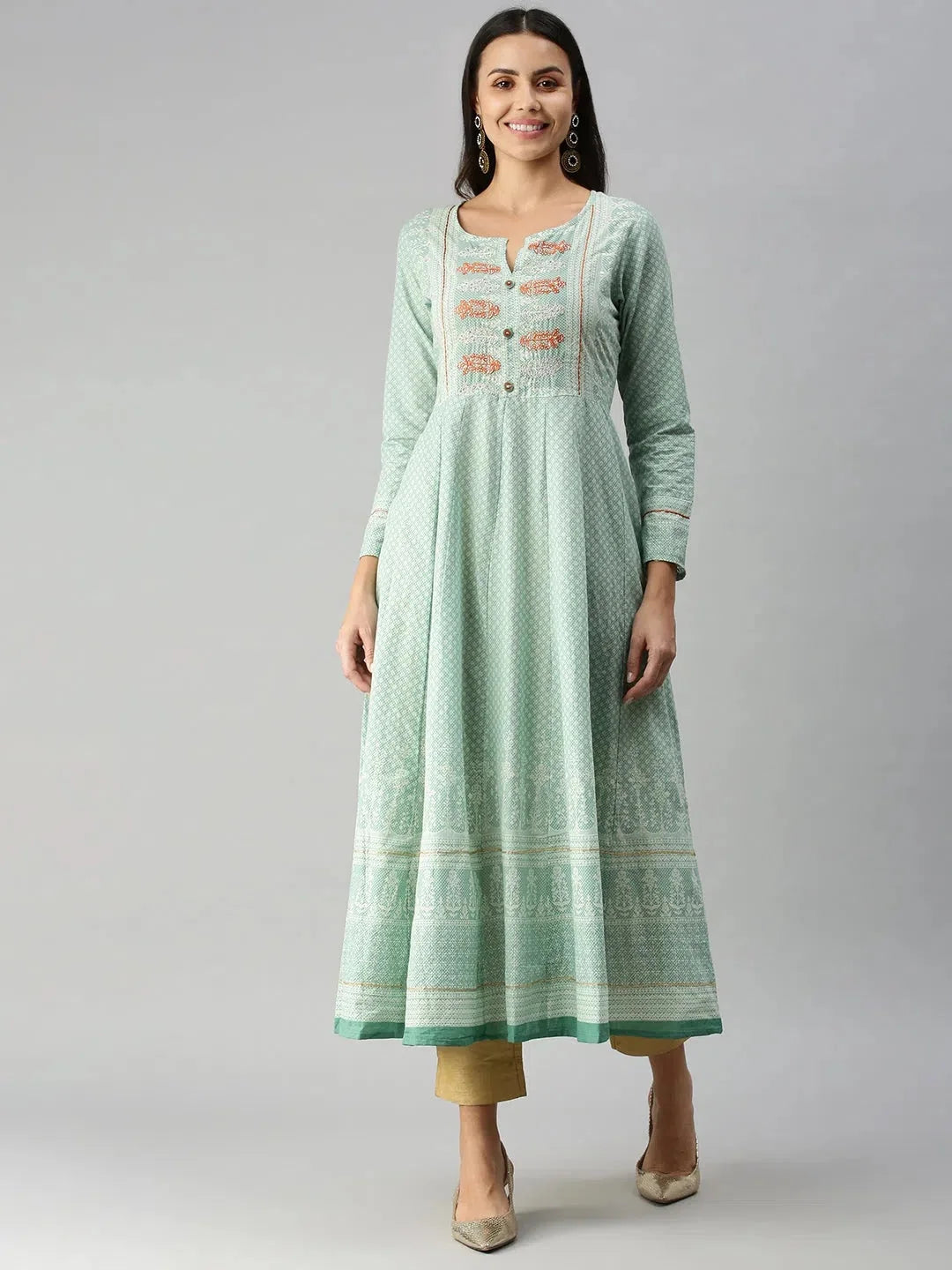 Teal Floral Anarkali Kurti - Women's Cotton Anarkali Kurtis