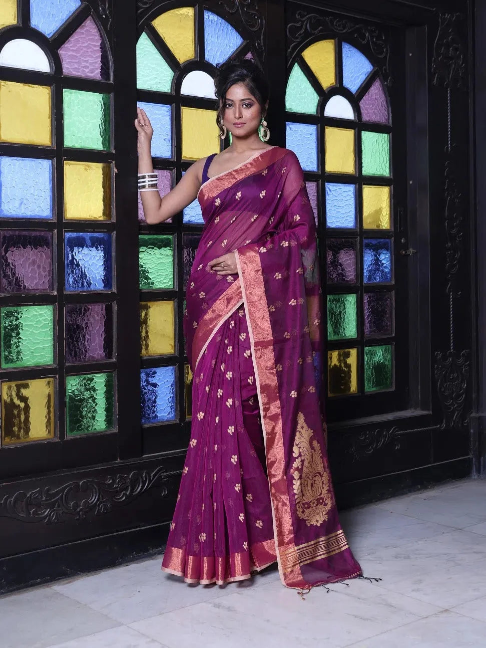 Purple Cotton Indian Sari with Zari Borders