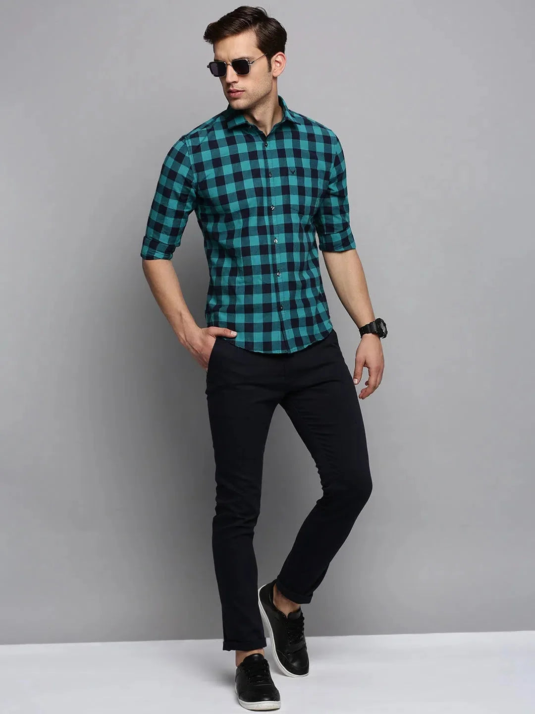 Men's Navy Checked Cotton Shirt - Casual Style