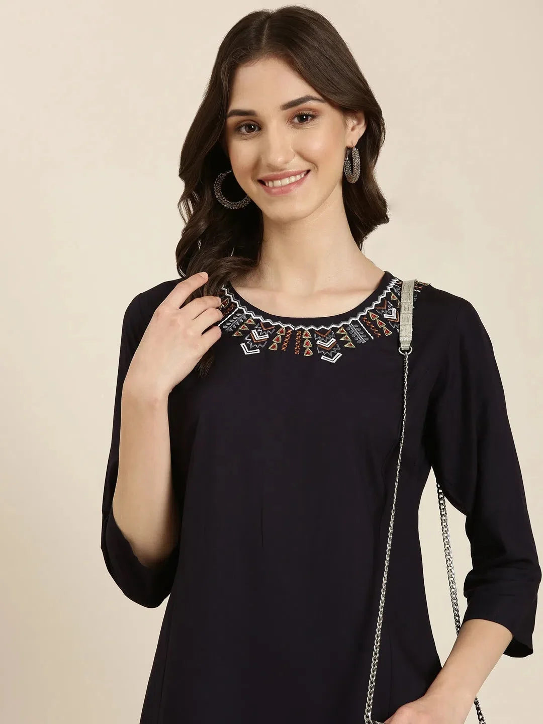 Navy Blue Solid Cotton Indian Kurta for Women - DesiQlo