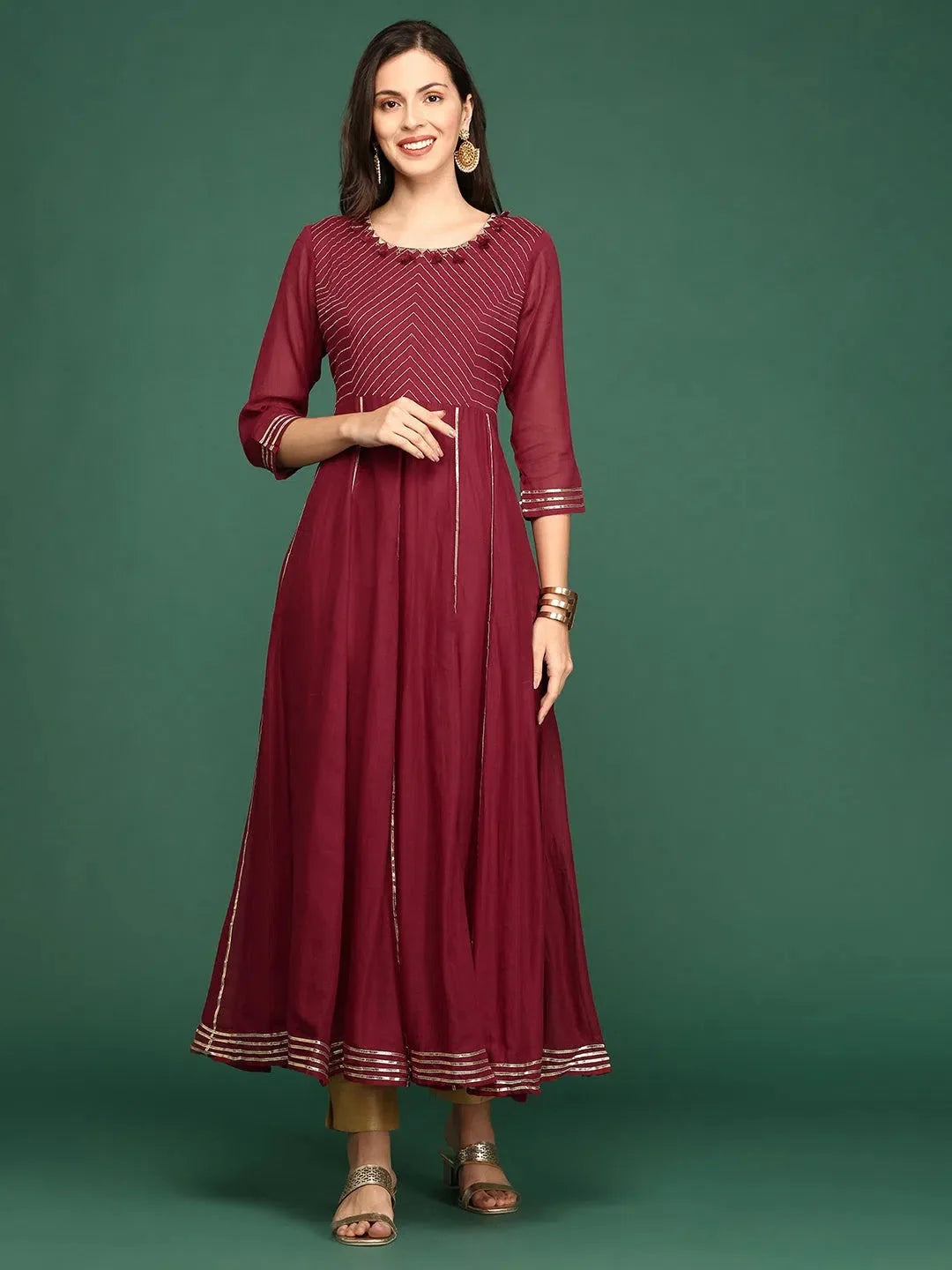 Maroon Solid Cotton A-Line Kurta | Women's Indian Kurta Online