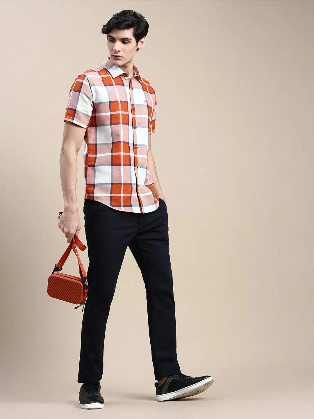 Orange Checked Mens Shirt | Cotton Casual Shirt
