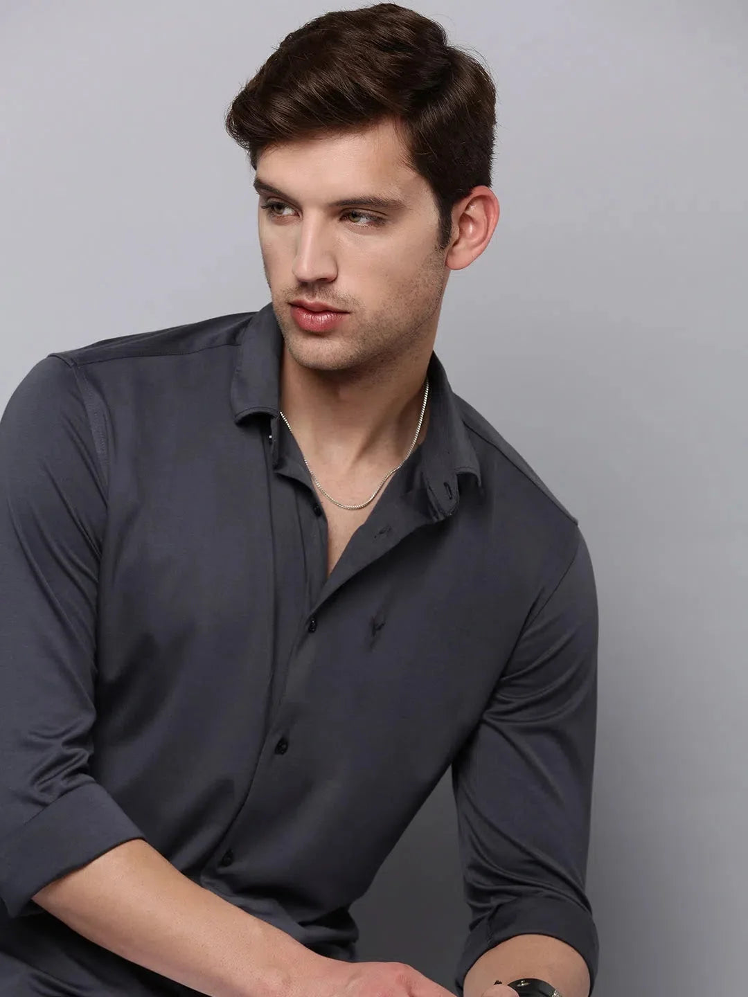 Grey Cotton Shirt for Men - Solid Casual Style | DesiQlo