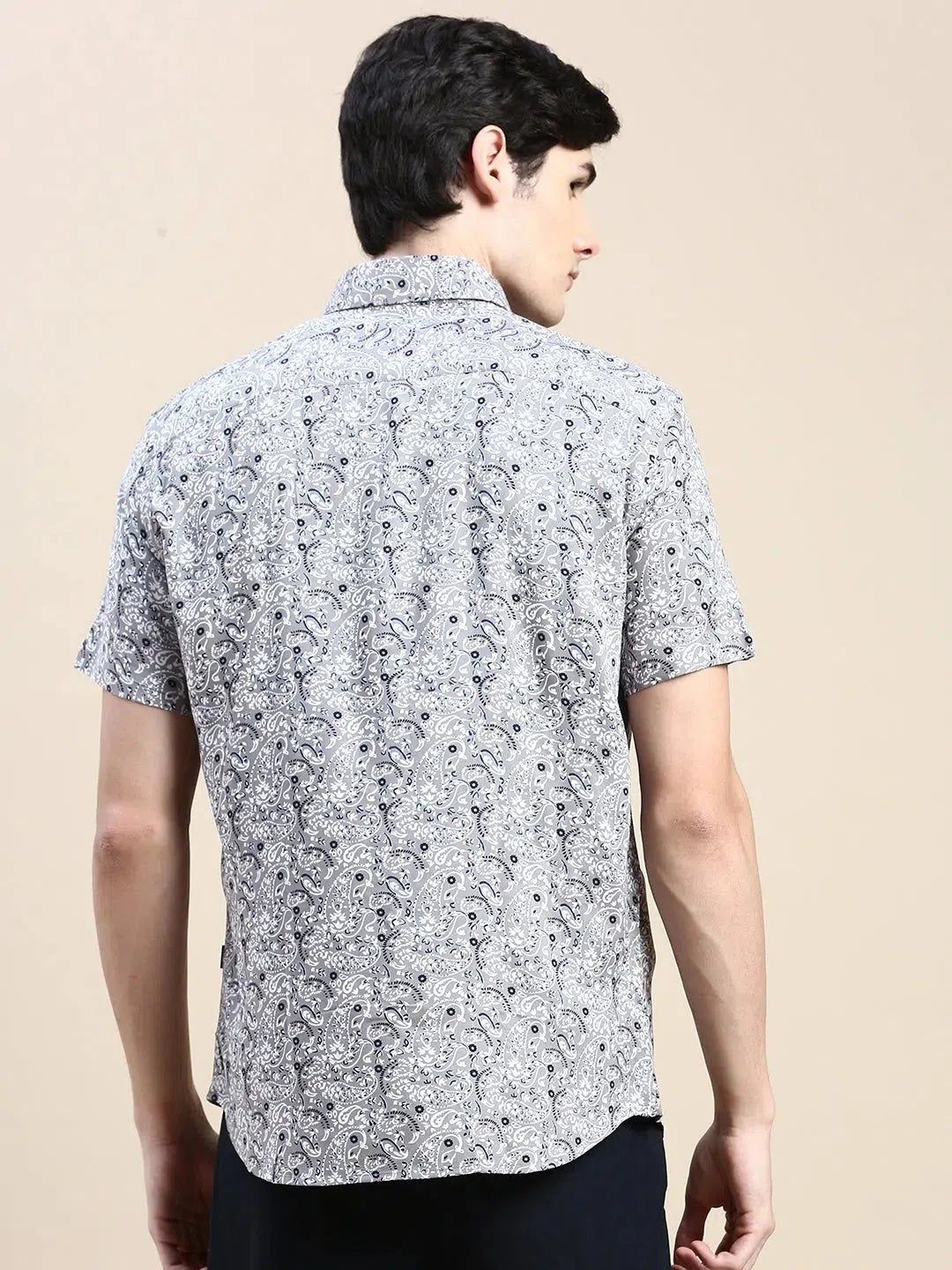Men's Grey Ethnic Printed Cotton Shirt - Casual Mens Shirt