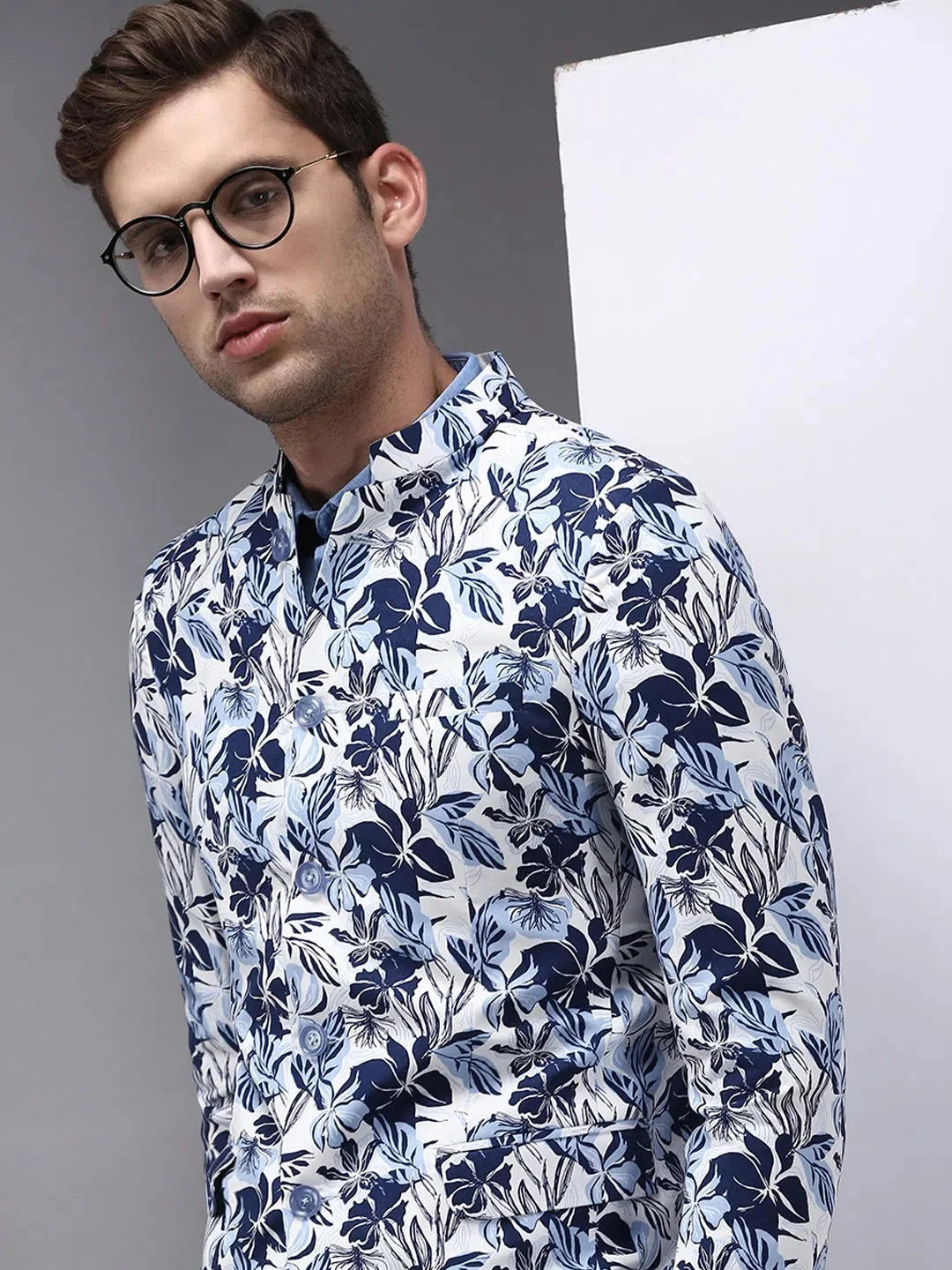 Men's White Printed Blazer - Modern Ethnic Nehru Jacket Style