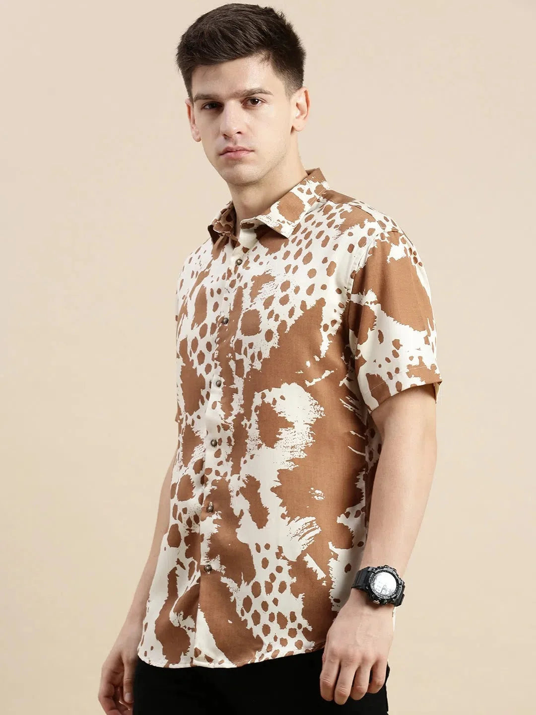 Cream Graphics Cotton Mens Shirt - Abstract Print Design