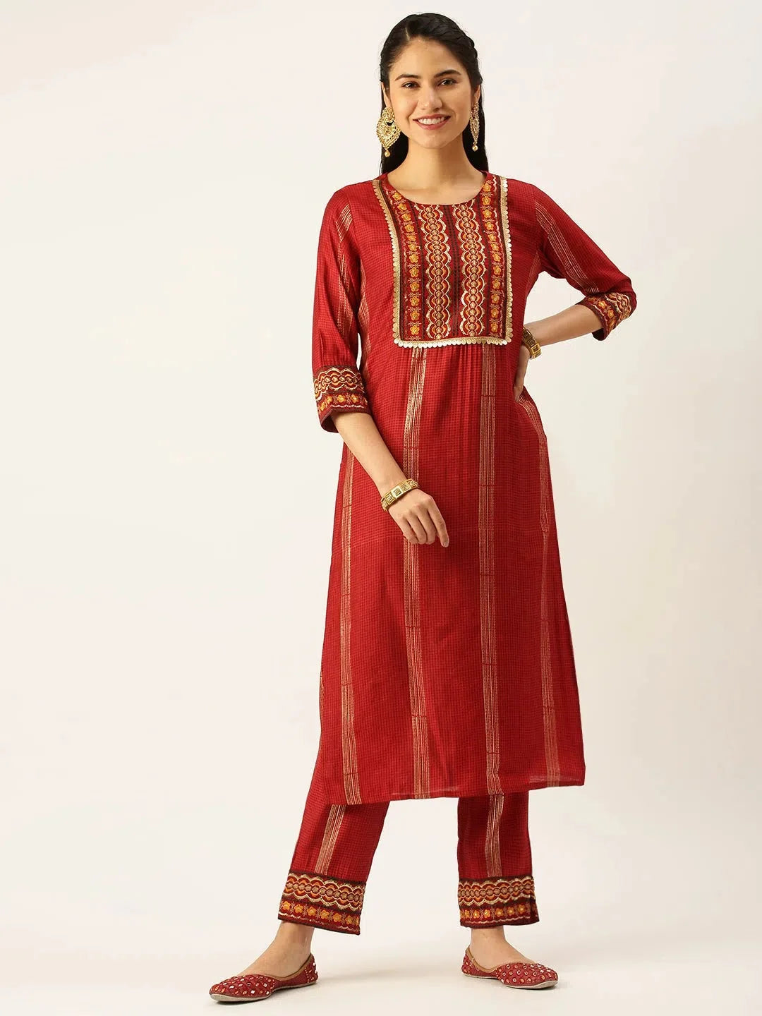 Maroon Checkered Kurta Sets | Women's Designer Kurta Sets