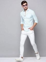 Men Blue Solid Casual Shirt-LARALILEN-3132-Blue