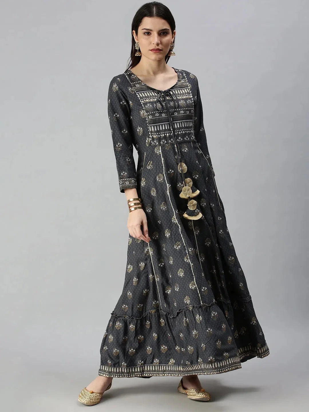 Grey Printed Cotton Anarkali Kurta | Women's Anarkali Kurti