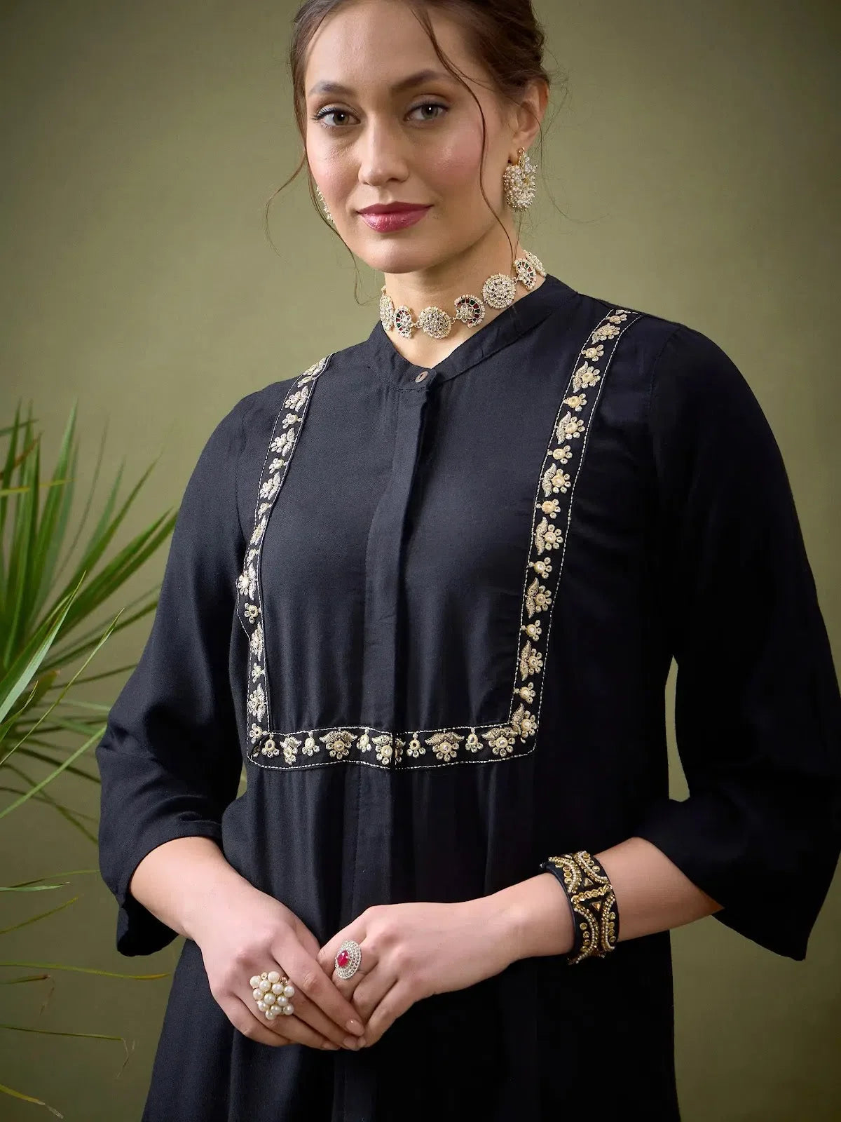 Black Embroidered L-Shape Shirt & Palazzos - Indian Suits Set