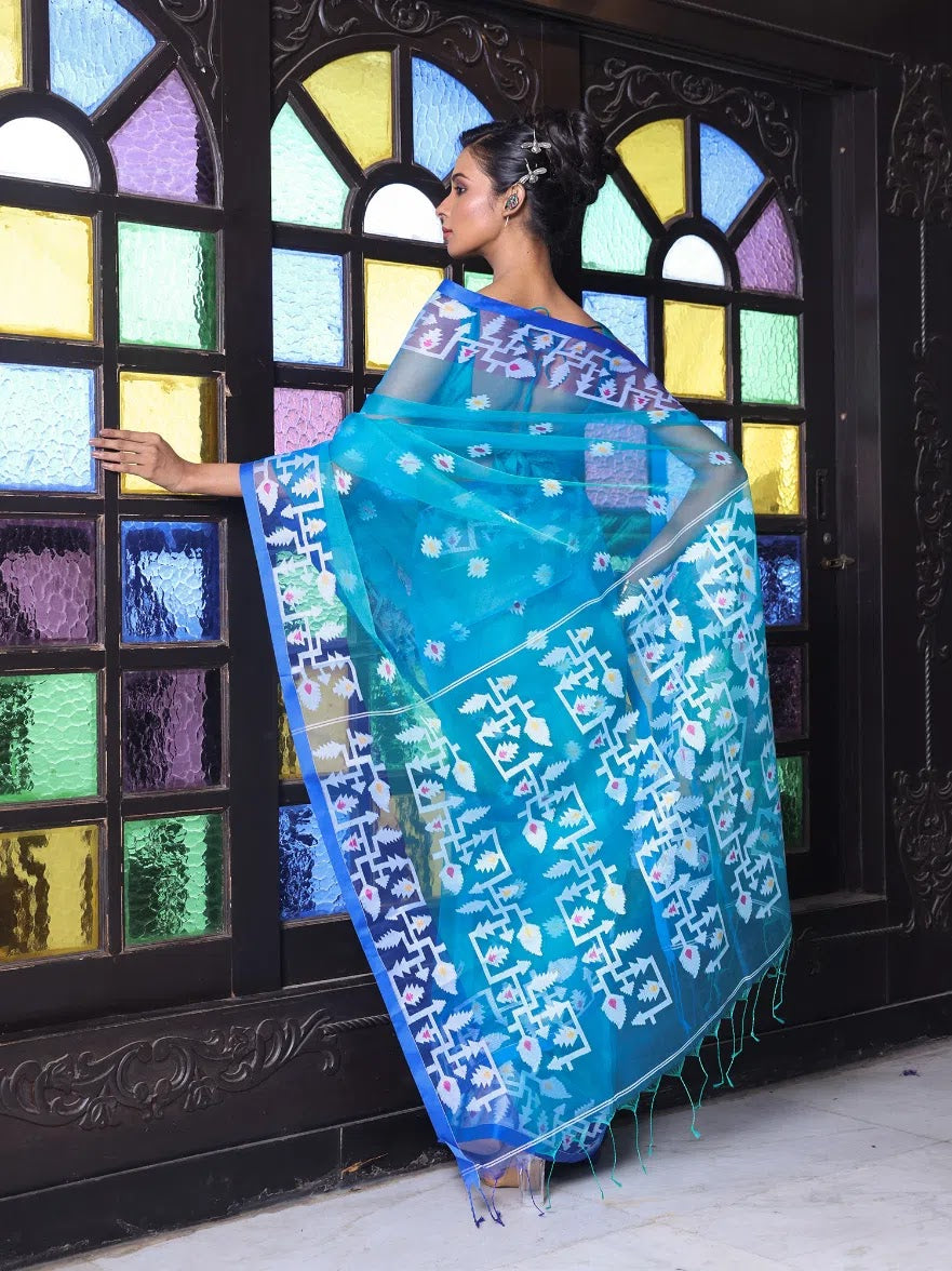 Turquoise Linen Saree with Jamdani - Indian Sari Style