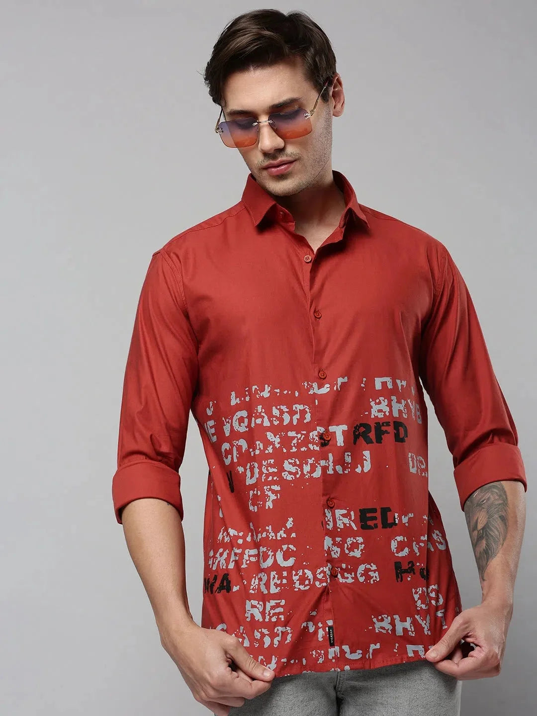 Men Rust Printed Casual Shirt-GROZPLAIN-4742-Rust