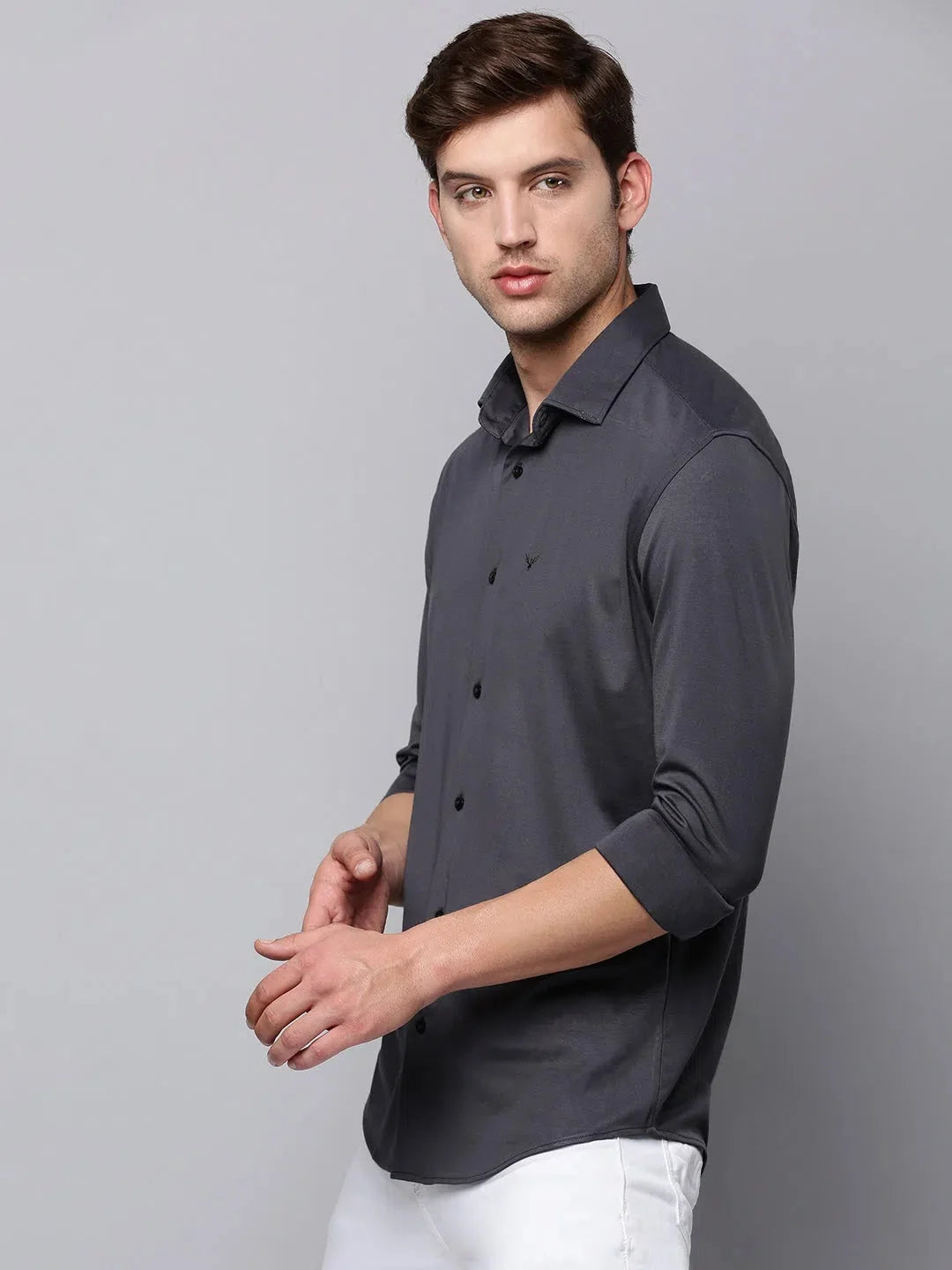 Grey Cotton Shirt for Men - Solid Casual Style | DesiQlo