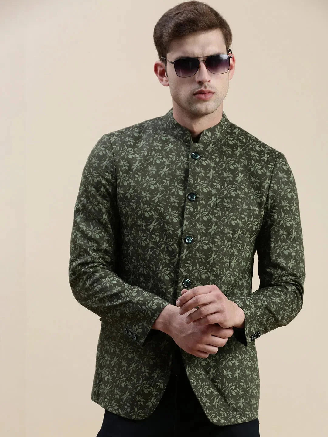 Green Printed Cotton Blazer - Men's Ethnic Wear | DesiQlo