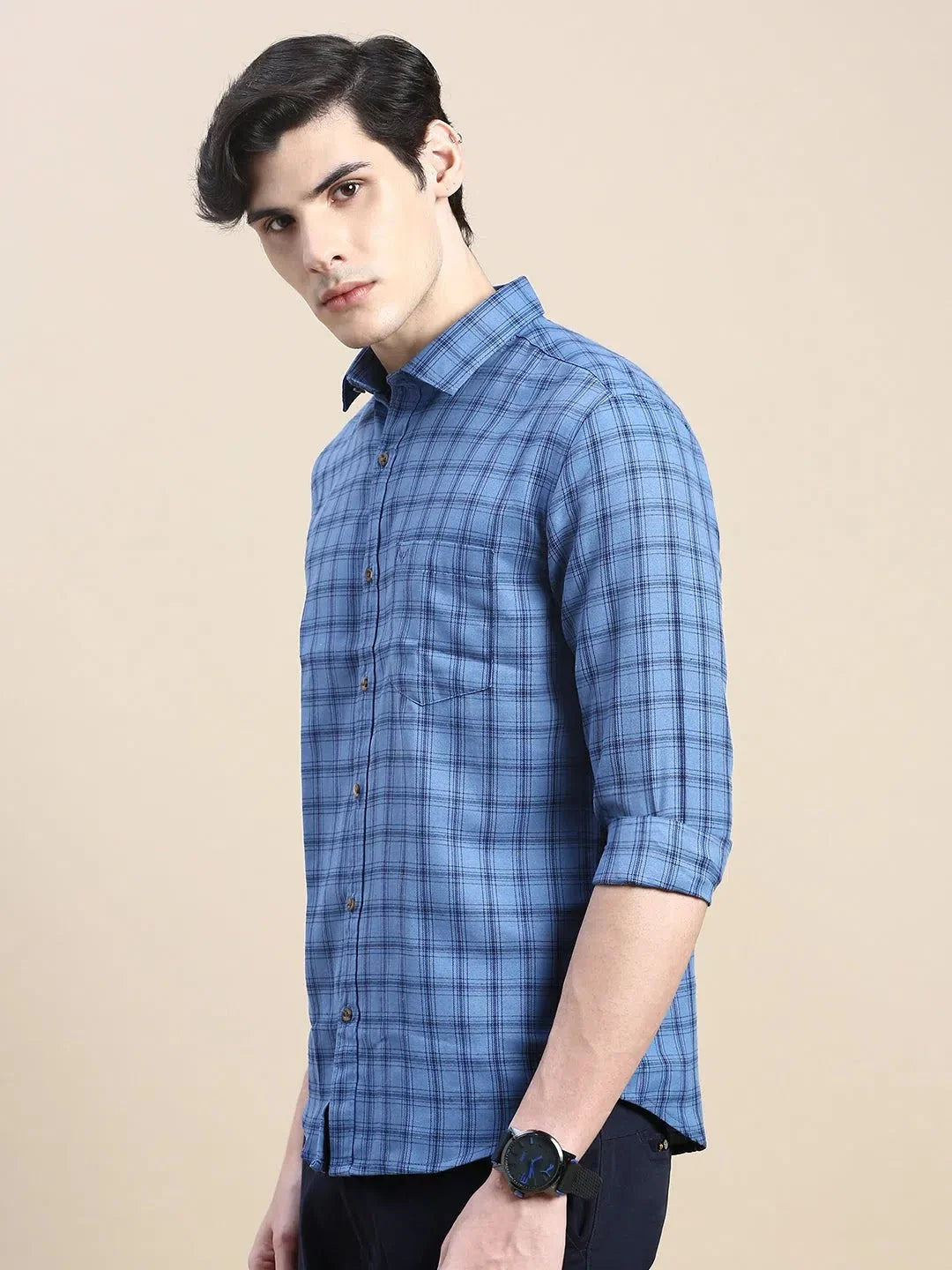 Trendy Blue Checked Mens Shirt - DesiQlo Cotton Casual Shirt