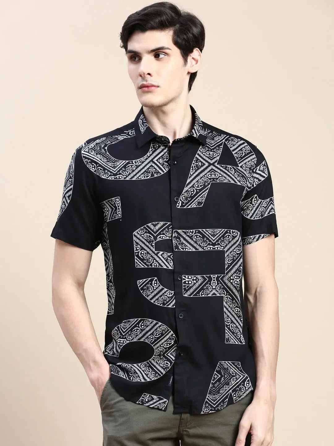 Black Printed Mens Shirt - Cotton Ethnic Motif Casual Shirt