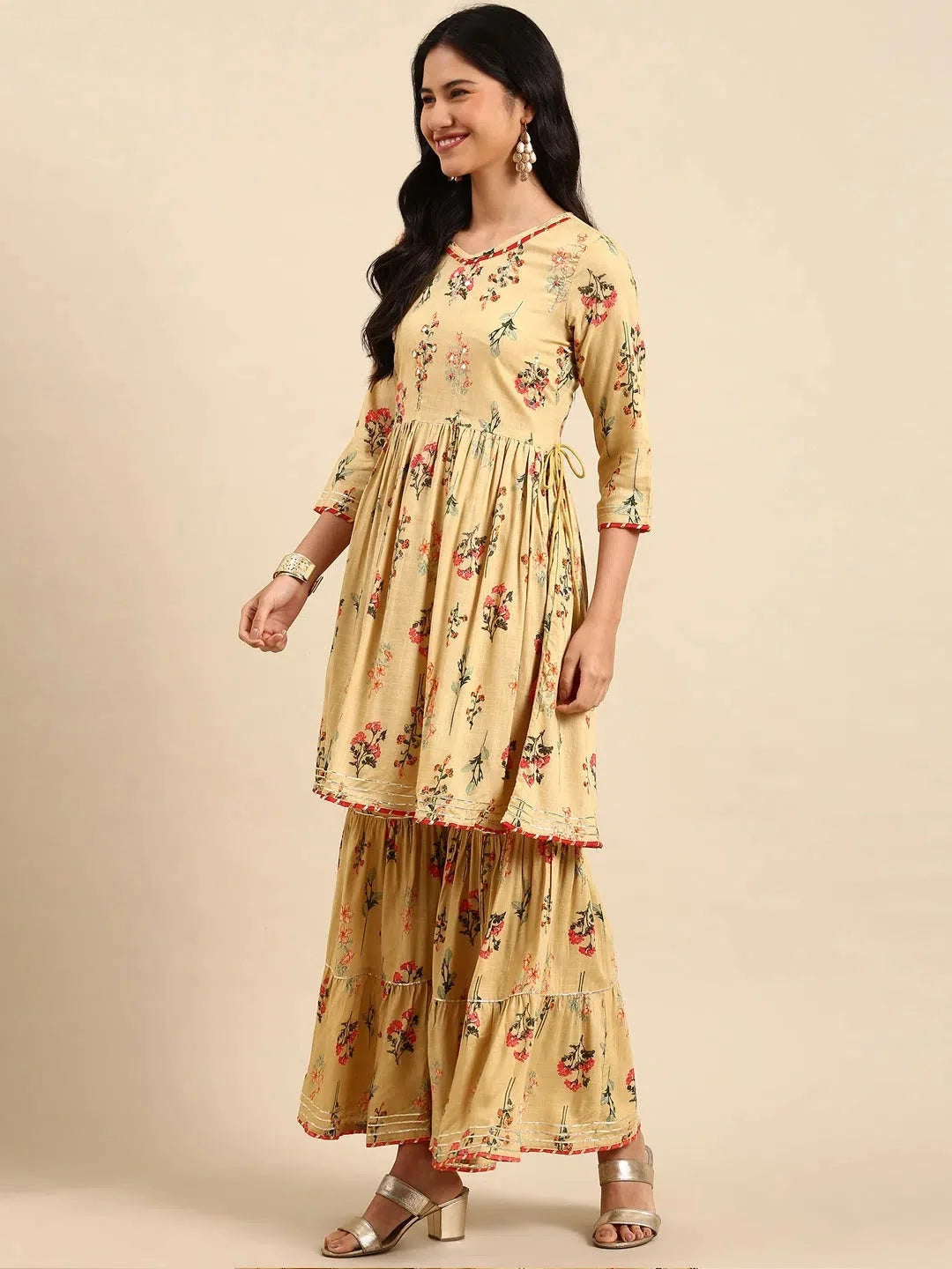 Beige Floral Kurta Set | Women's Designer Kurta Sets