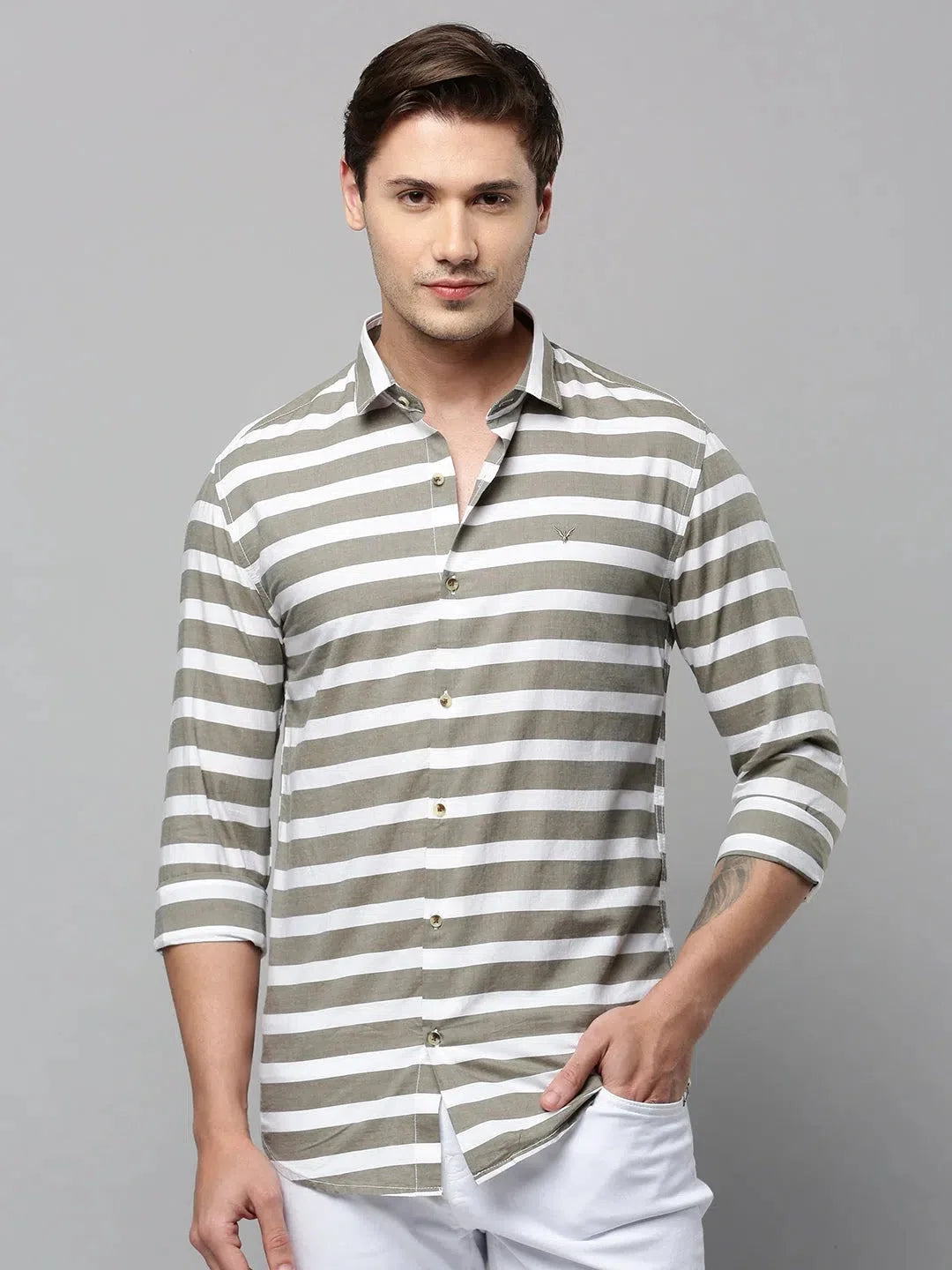 Grey Striped Mens Shirt | Casual Cotton Shirt - DesiQlo