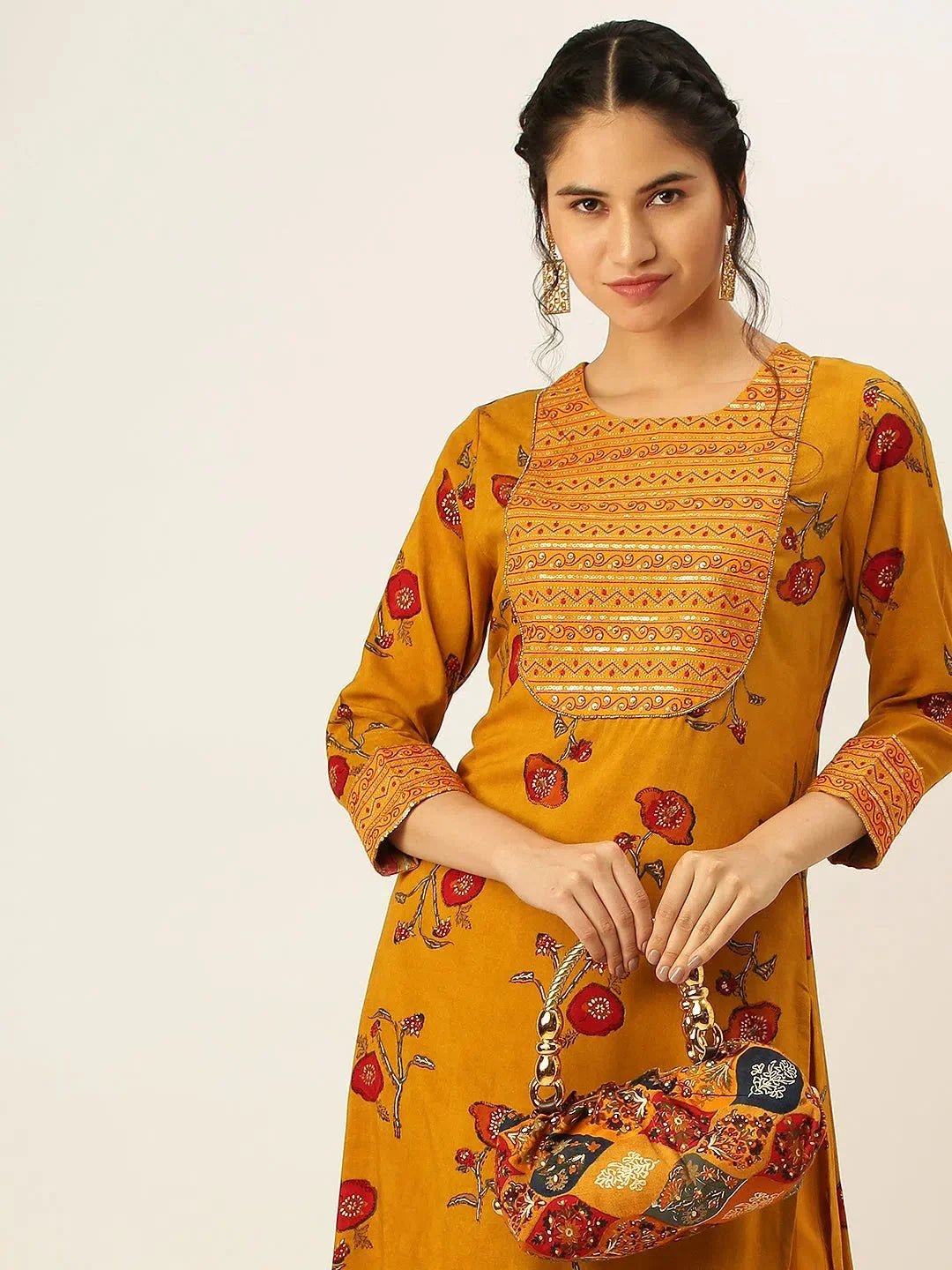 Mustard Floral Kurta Set | Women's Cotton Kurta Sets Online