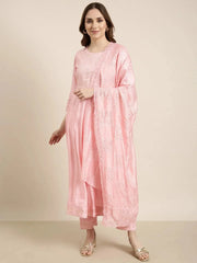 Women Anarkali Pink Solid Kurta and Trousers Set Comes With Dupatta-UB-2886-Pink
