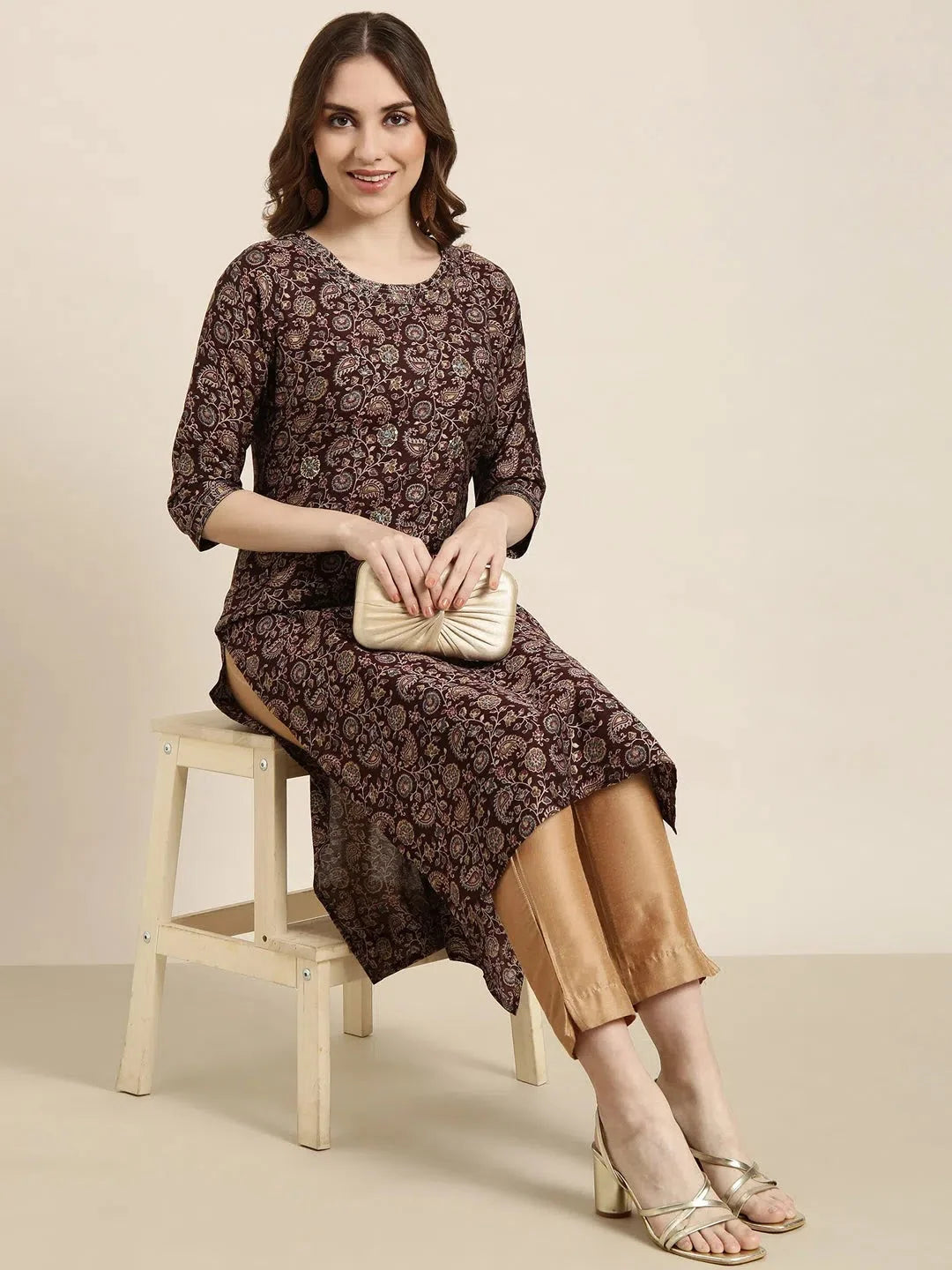 Women Straight Brown Floral Kurta-HO-1475-Brown