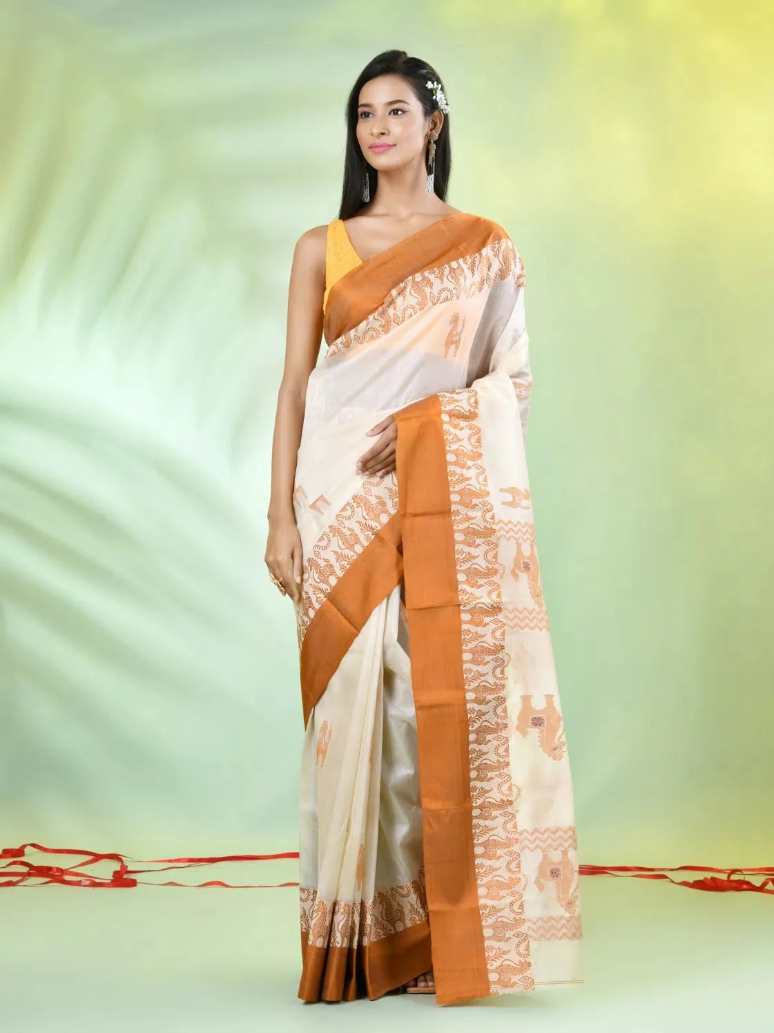 Off White Tussar Silk Saree | Designer Sarees India