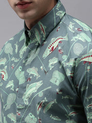 Men Green Printed Casual Shirt-PERRYPRINT-1851-Seagreen