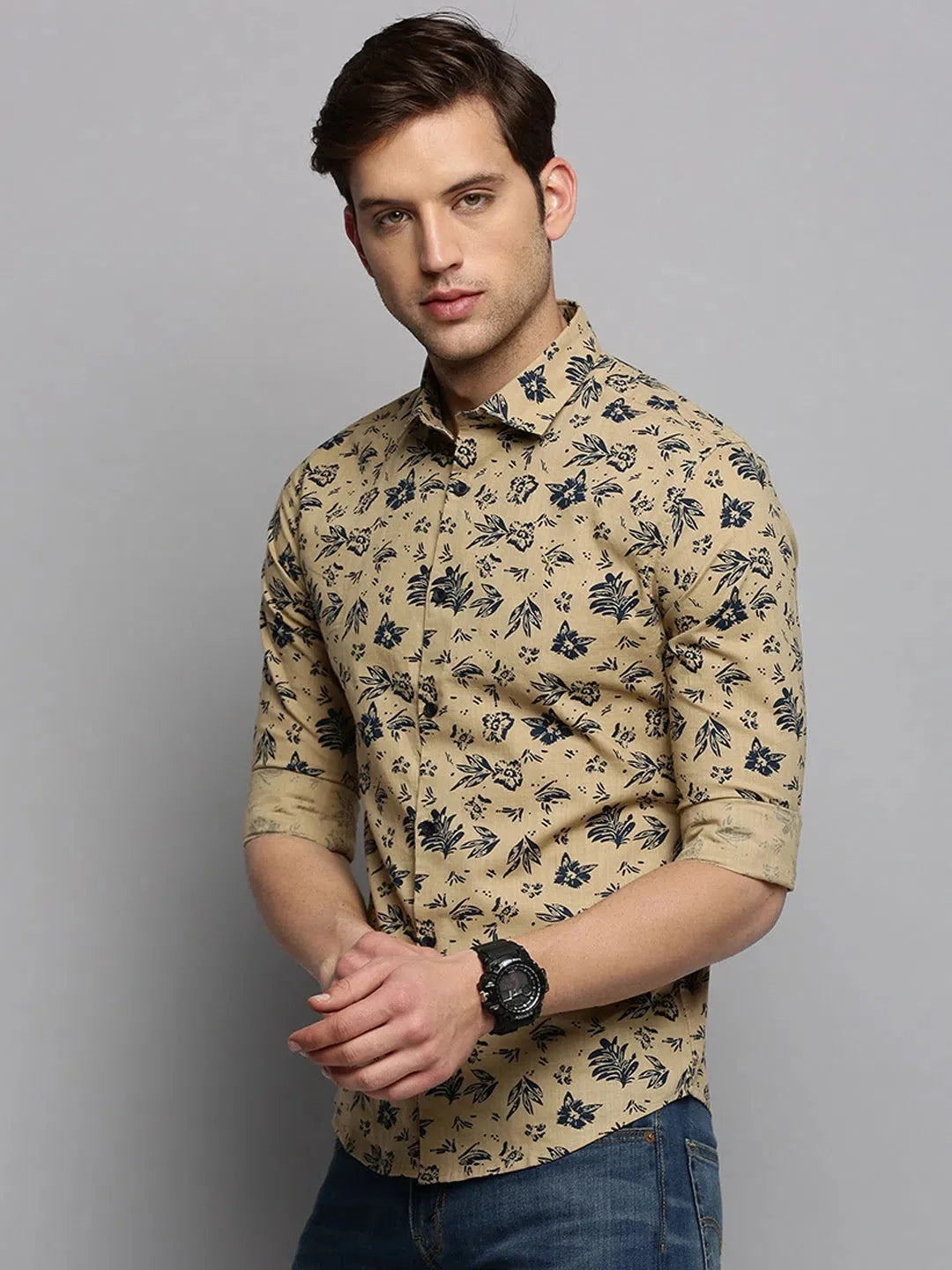 Men's Khaki Printed Shirt | DesiQlo Casual Cotton Shirts