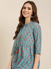 Women Teal Floral A-Line Kurti-DW-8745-Teal