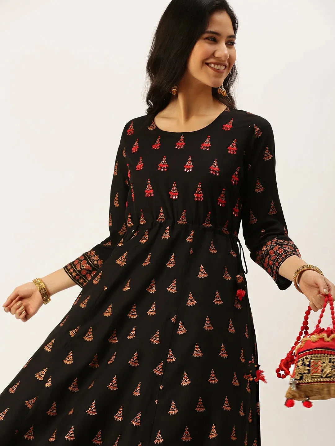 Elegant Black Embroidered Cotton A-Line Indian Kurta - DesiQlo