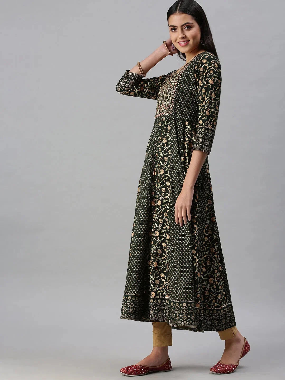 Green & Gold Printed Anarkali Kurta | Anarkali Gown for Women