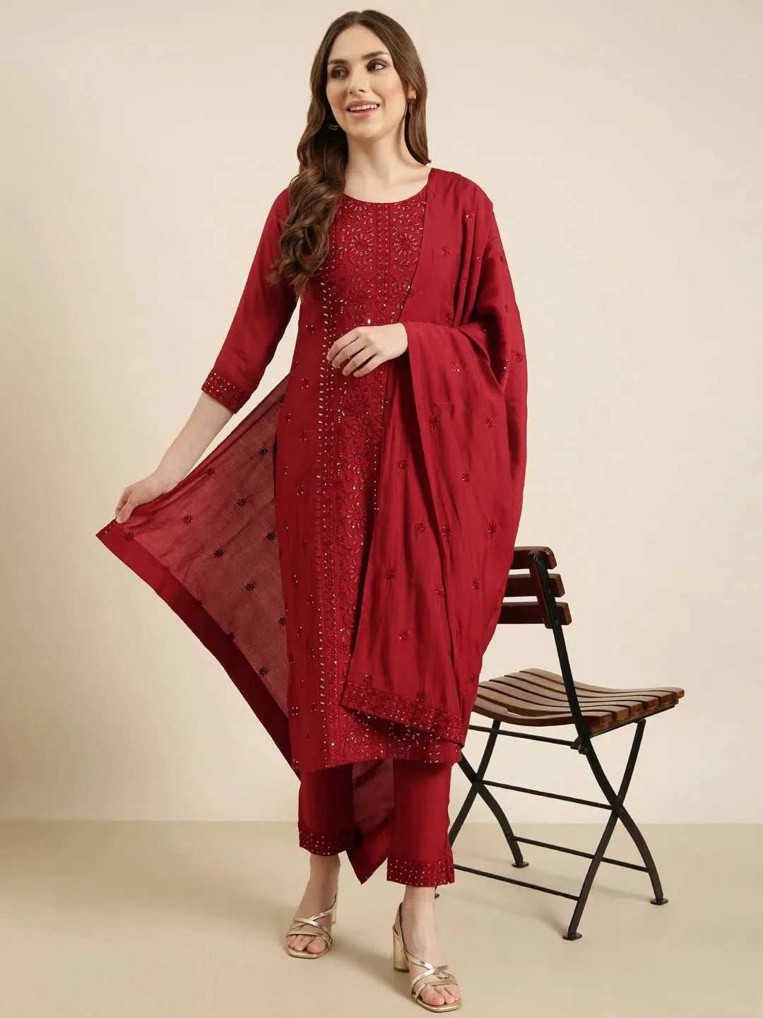 Maroon Floral Kurta Set with Dupatta | Designer Kurta Sets