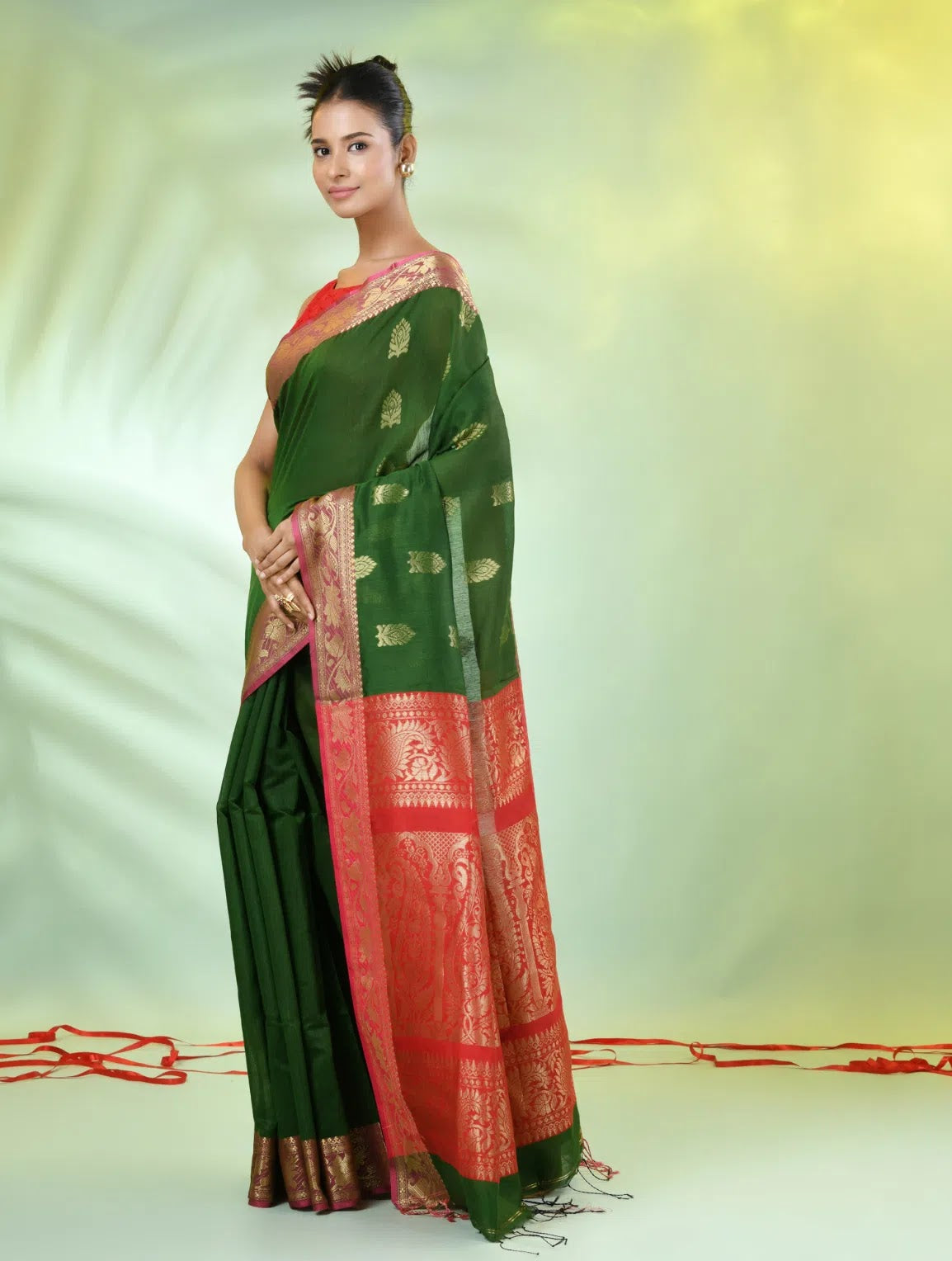 Green Cotton Indian Sari with Nakshi Zari Borders