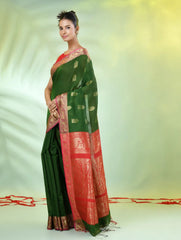 Green Cotton Saree With Nakshi Zari Borders-MA66BCT431050023