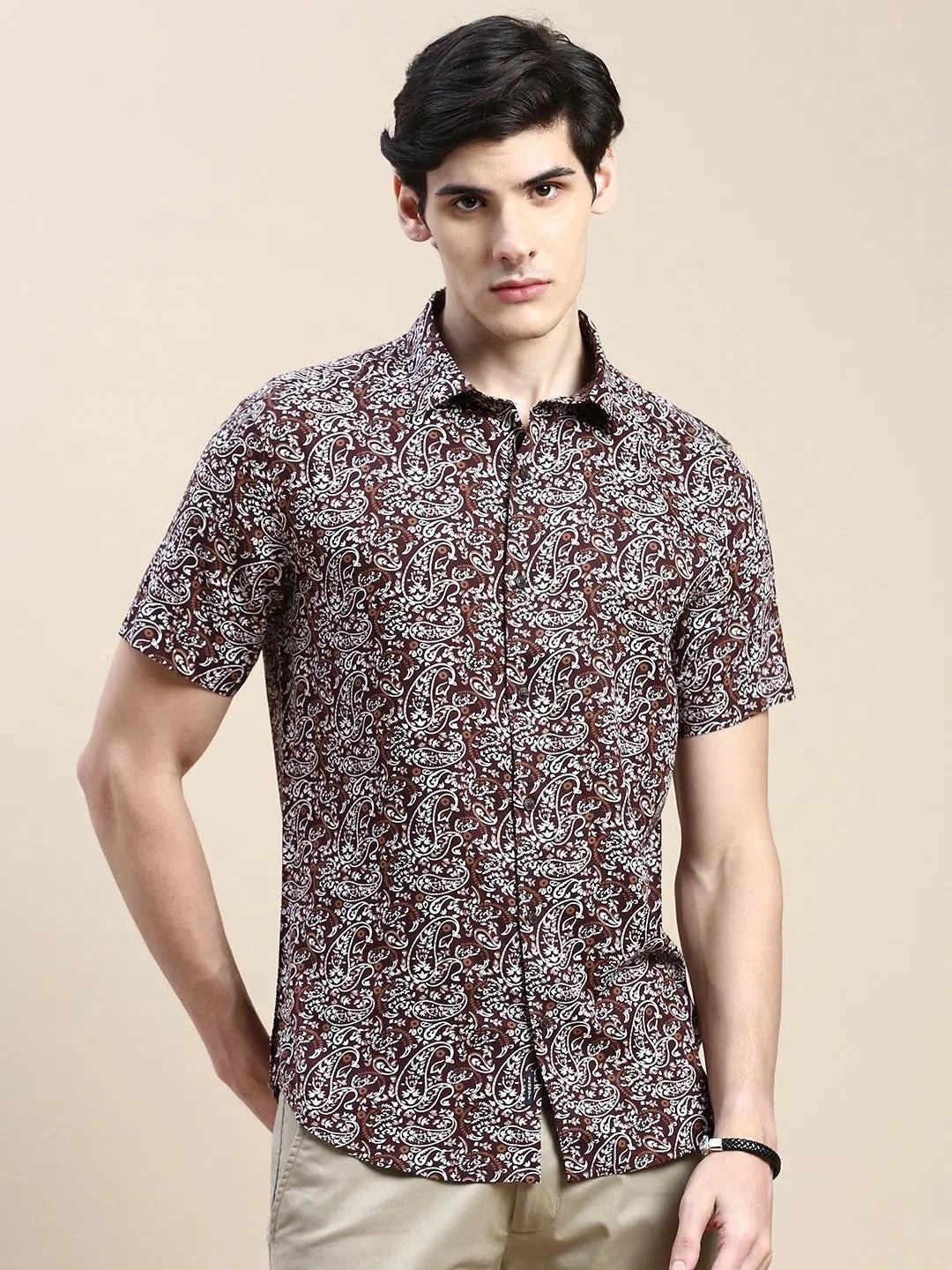 Brown Printed Cotton Shirt | Ethnic Mens Shirt by DesiQlo
