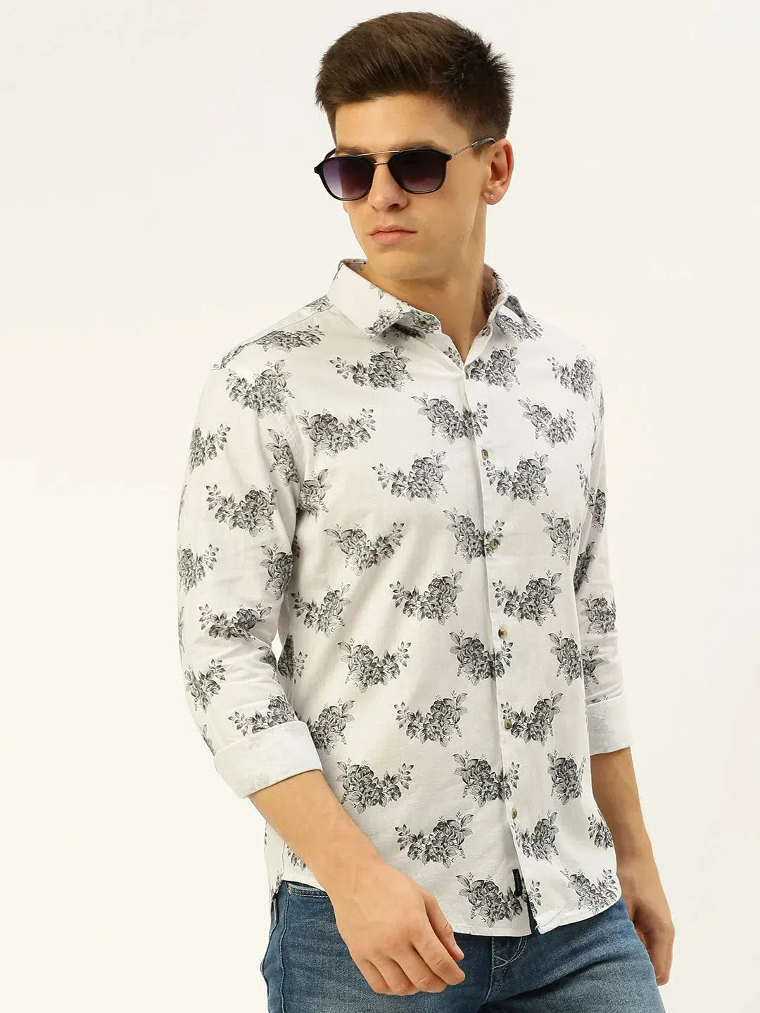 Vibrant White Printed Cotton Mens Shirt - Casual Style | DesiQlo