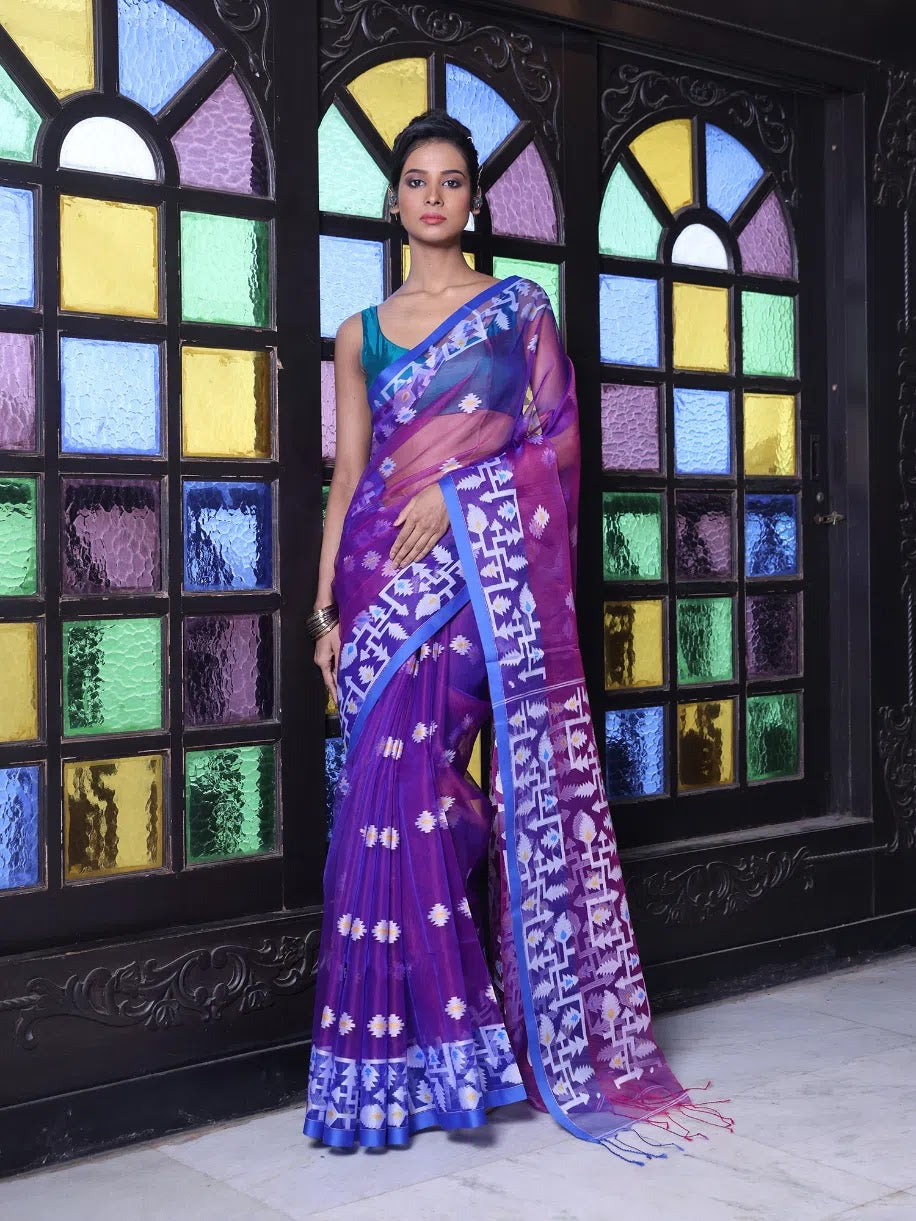 Violet Linen Muslin Saree | Indian Sari & Jamdani Design