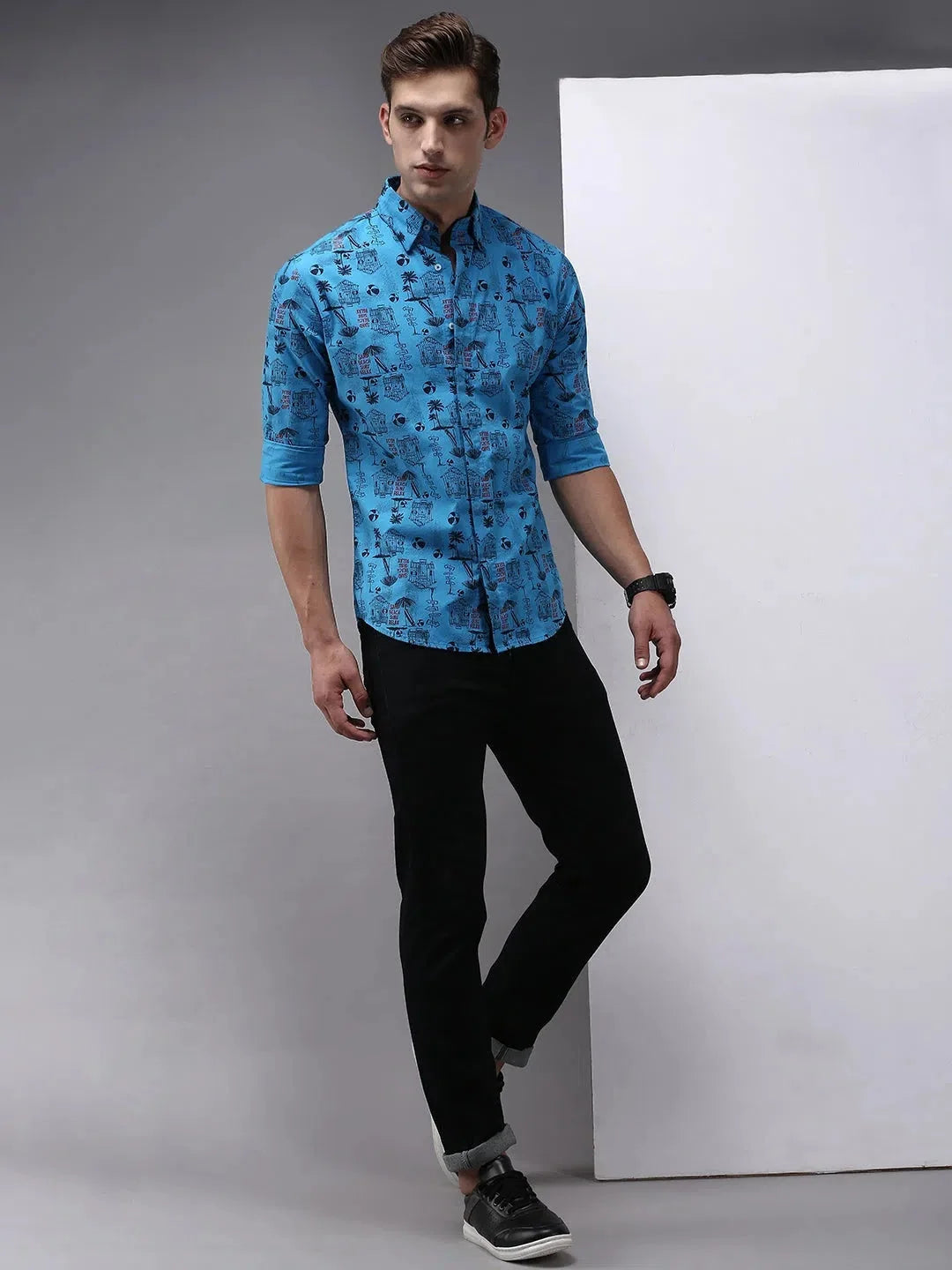 Blue Printed Mens Shirt | Cotton Casual Shirt - DesiQlo