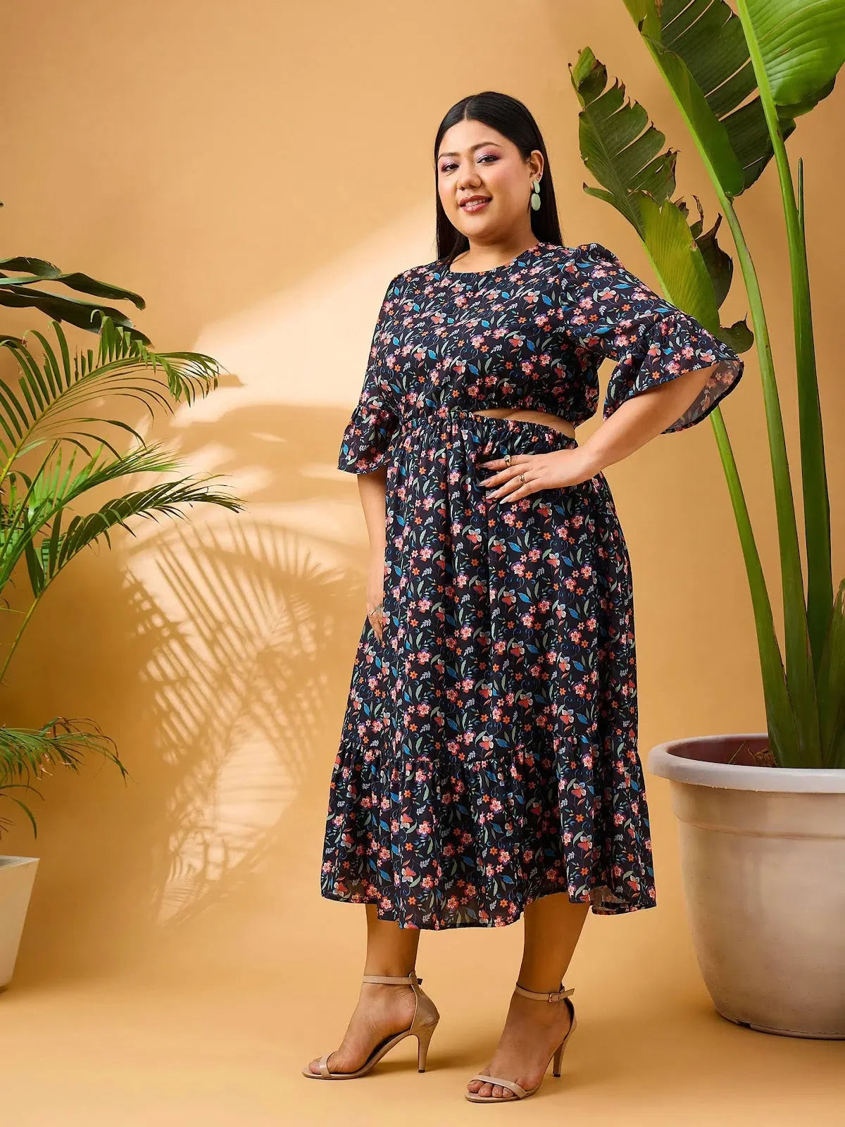 Black Floral Midi Dress - Side Cut Out, Fit & Flare Style