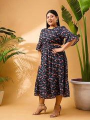 Women Black Floral Side Cut Out Midi Dress