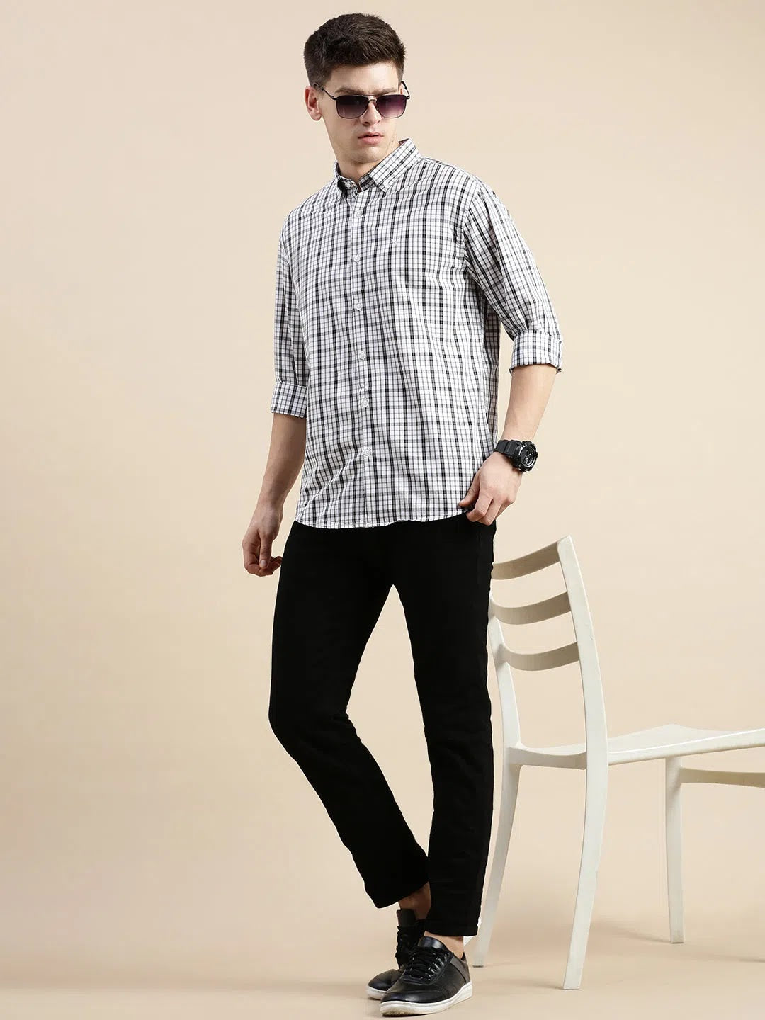 Mens White Checked Shirt - DesiQlo Cotton Shirt
