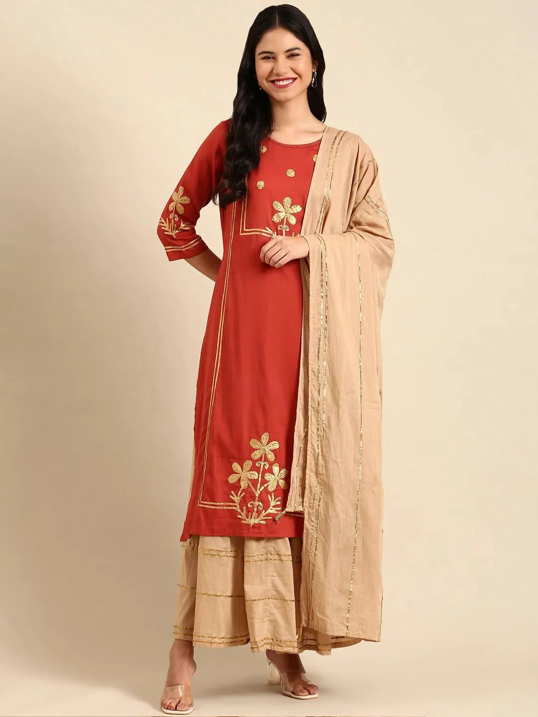 Orange Embroidered Women's Kurta Set | Cotton Kurta Sets