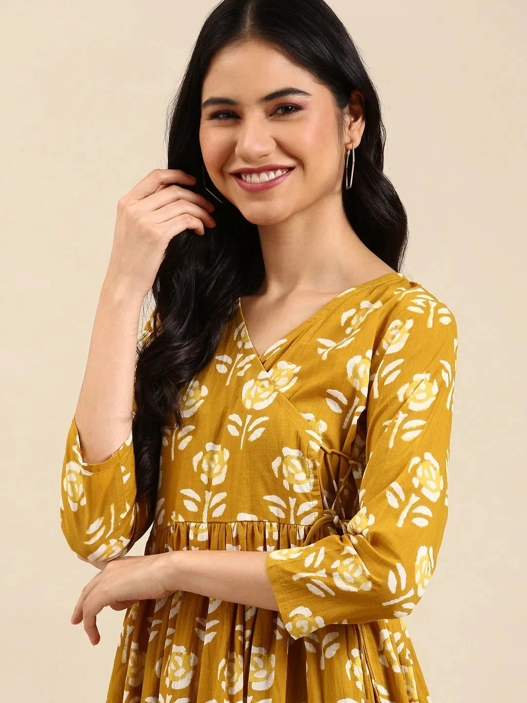 Stylish Yellow Printed Cotton A-Line Indian Kurta for Women