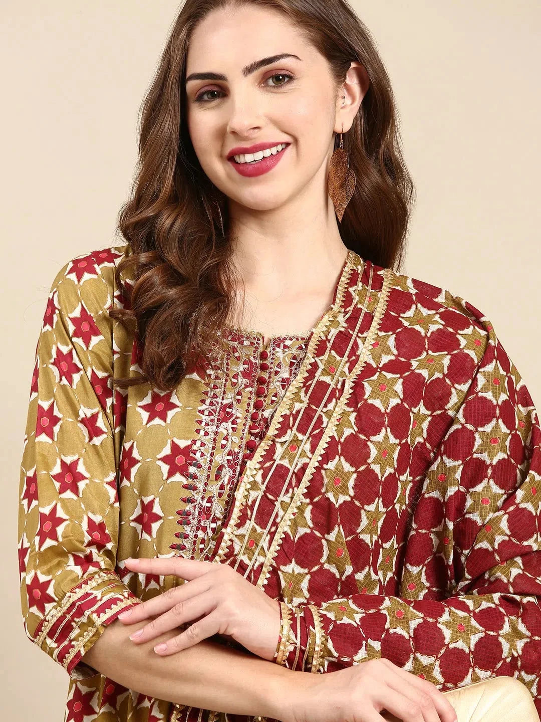 Olive Embellished Anarkali Kurta for Women | Polyester Gown